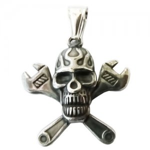 FSP18W89 Cross Spanner Flame Skull Pendant