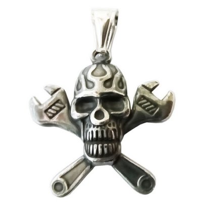 FSP18W89 Cross Spanner Flame Skull Pendant